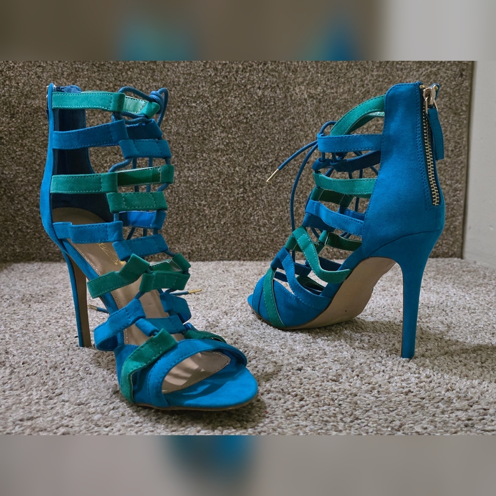 Shoe Dazzle Vibrant Blue and Green Strappy Heels